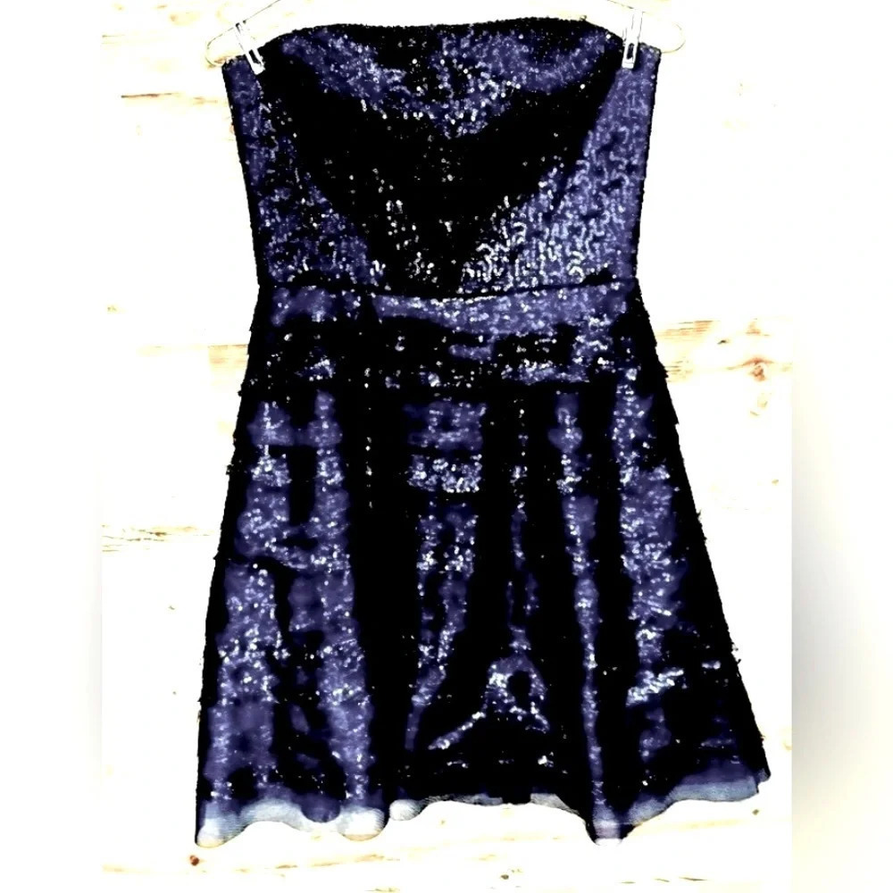 BCBGMAXAZRIA Strapless Sequin taffeta Black Cocktail prom wedding lace Y2K US 6 - Picture 2 of 5